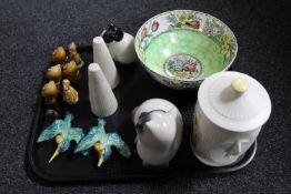 A tray containing Sylvac caddy, Maling lustre bowl, pair of Beswick Kingfisher wall plaques (a/f),