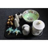 A tray containing Sylvac caddy, Maling lustre bowl, pair of Beswick Kingfisher wall plaques (a/f),