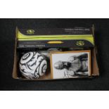 A box of two boxed flexible football goals, signed football,