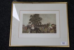 A hand coloured etching after de Gaye, In the Paddock, Lowmarket,