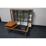 A mid 20th century Formica double door display cabinet and a teak telephone table