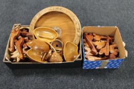 Two boxes of wooden pieces - lazy Susan, pineapple bowls,