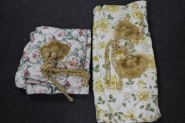 Two pairs of floral lined curtains with tie backs (126" x 96"drop)