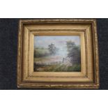 A gilt framed oil on board, sheep before a river, signed Alfonso Bardo,