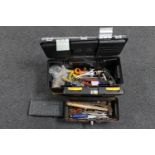 Two plastic tool boxes containing assorted hand tools together with a cased socket set