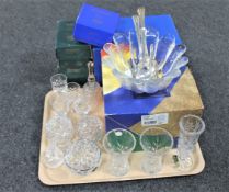 A tray of boxed Dartington crystal bowl together with three boxed Bohemian crystal vases and boxed