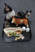 A tray of Poole Robin, two Melba dogs, Hornsea vase, Wade whimsies,