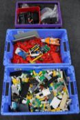 Two crates of assorted Lego and a further box of plastic building bricks and plates