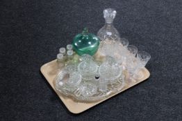A tray of assorted glass ware including a glass Art Deco trinket set,