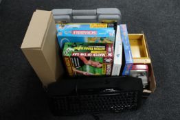 A box containing cased child's microscope and anatomy kit, tin plate Tonka truck, two mirrors,