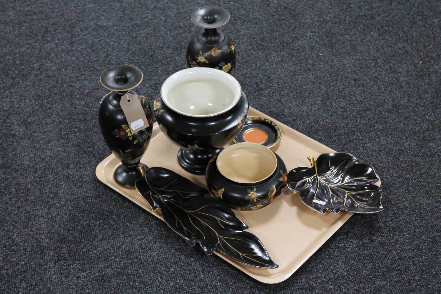 A tray containing three Carlton ware cloisonne vases and a bowl together with a Carlton ware saucer