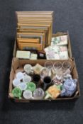 Two boxes of assorted glassware, mugs, Ringtons chintz jug,