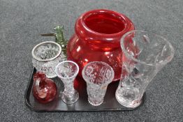 A tray containing antique and later glassware including Cranberry glass jug,