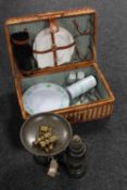 A set of vintage kitchen scales with two sets of weights together with a wicker cased picnic set