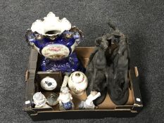 A box containing a Victorian transfer printed vase, pair of spelter figures of cowboys,