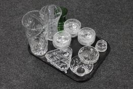 A tray containing assorted glass ware to include vases, sundae dishes,