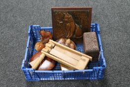 A wooden 'click-clack' together with carved treen box, Pat Walsh cat panel, treen eggs etc.