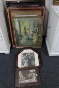 Seven antique and later black and white and colour lithographic prints