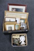 A box containing a large quantity of assorted framed pictures, prints, oil on board,