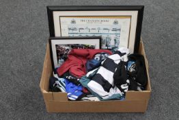 A box of a collection of Newcastle United home and away football tops together with two framed