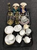 Two trays of Japanese Fukugawa part tea set, pair of brass candlesticks,