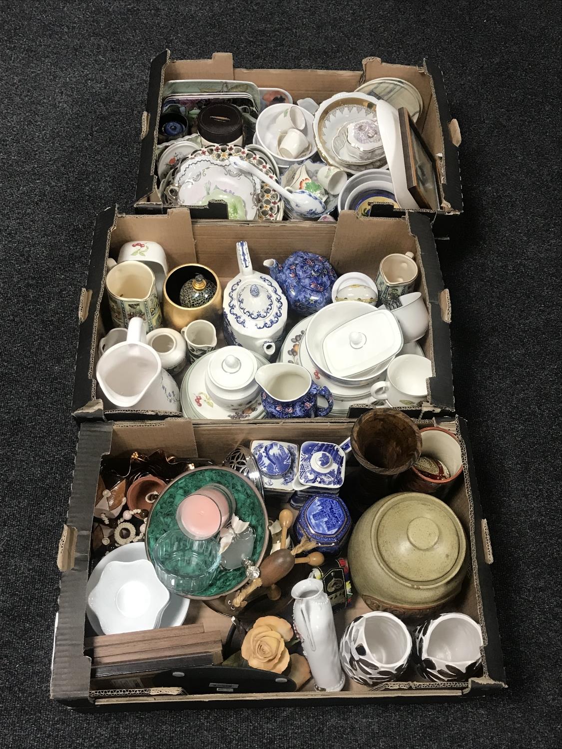 Three boxes containing miscellaneous china, glass ware,