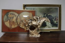 A contemporary gilt plastic figure of a jockey on horseback together with a 20th century framed