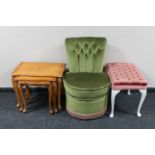 A nest of three French cherry wood tables together with a green dralon bedroom chair and a pink