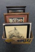 A box containing assorted framed pictures and prints including RAF aircraft,