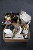 Two boxes containing table cutlery, Poole pottery, brass stair rods (no fittings),