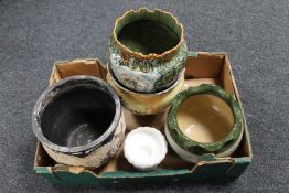 A box containing a Royal Doulton Lambeth pottery planter together with three other antique planters