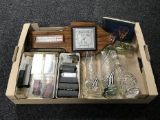 A box of assorted glass ware, mid 20th century sketch book, barometer,