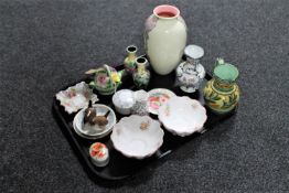 A tray of a Mackintosh vase, Wedgwood and Minton dishes, china pill box, flower posies,