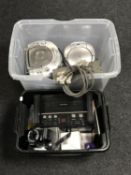 Two boxes of assorted electrical's including Minolta camera, CD radio cassette players,