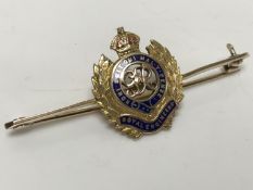 A 9ct gold Royal Engineers enamelled bar brooch