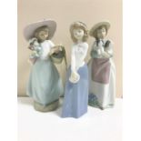 Three Nao figures; girl with doll and basket,