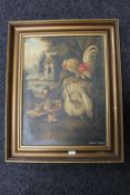 A gilt framed oil on canvas, chickens and cockerel in a yard,