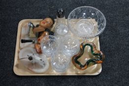 A tray of assorted glass ware, pair of Art Deco chalk wall plaques,