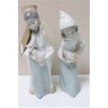 Two Lladro figures of a boy with crown and girl carrying a hen