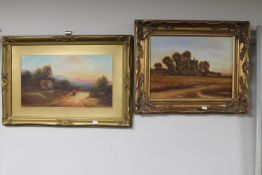 A gilt framed Edwardian oil on board of a figure on a path,