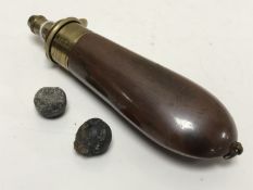 A nineteenth century James Dixon copper and brass powder flask together with two antique musket