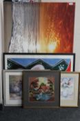 A large unframed canvas - seascape, framed tapestry,