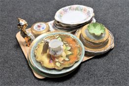 A tray containing a Royal Crown Derby milk jug together with a collection of wall plates,