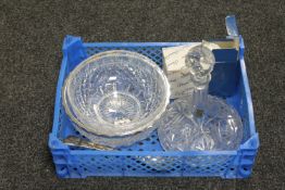 A lead crystal decanter with stopper, cut glass bowls, two boxed crystal ornaments,