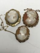 Three antique yellow metal mounted cameo brooches (Two hallmarked 9ct).