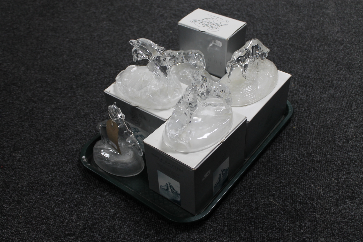 A tray of five boxed Cristal D'Arques glass figures of animals