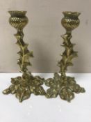 A pair of Victorian brass Scottish candlesticks with thistle decoration, height 14 cm.