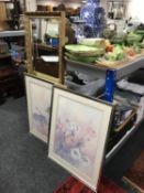 A gilt framed bevelled edge hall mirror together with two metal framed prints of flowers