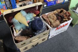 Two vintage cases of assorted lady's hats, soft toy,