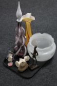 A tray containing two studio glass vases, a decanter, a an opaque glass light fitting,